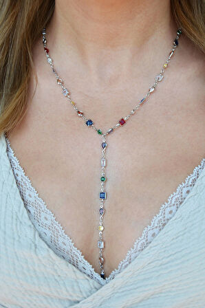 Renkli Taşlı Zarif Y Model Kolye Dekolte Kolye Işıltılı Çok Renkli