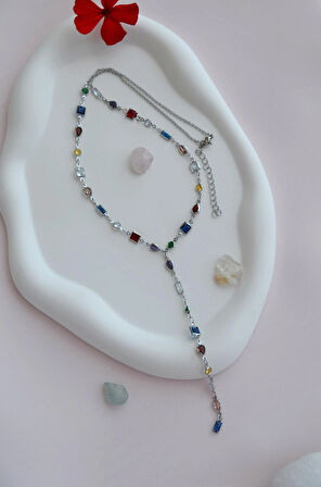 Renkli Taşlı Zarif Y Model Kolye Dekolte Kolye Işıltılı Çok Renkli