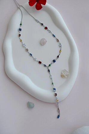 Renkli Taşlı Zarif Y Model Kolye Dekolte Kolye Işıltılı Çok Renkli