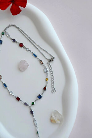 Renkli Taşlı Zarif Y Model Kolye Dekolte Kolye Işıltılı Çok Renkli