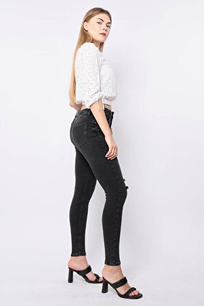 Kadın Antrasit Dizi Yırtık Süper Skinny Fit Jean Pantolon