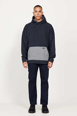 Erkek Indigo Melanj Oversize Bol Kesim Içi Polarlı 3 Iplik Kapüşonlu Sweatshirt