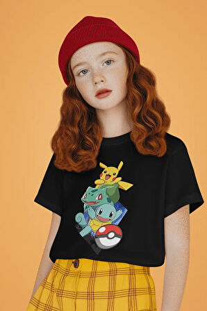 Pokemon Pikaçu Karakterler Baskılı Unisex Çizgi Film Çocuk Tişört (1-12 Yaş)