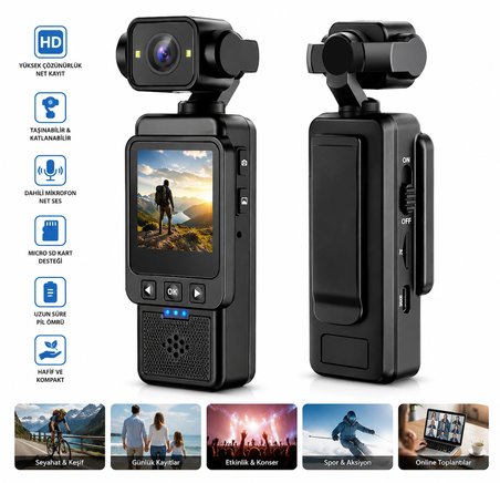 4K Mini Gimbal Kamera | 180° Dönebilen Lens | 1080P HD Kayıt | Titreşim Önleme | Taşınabilir Spor ve Vlog Kamerası