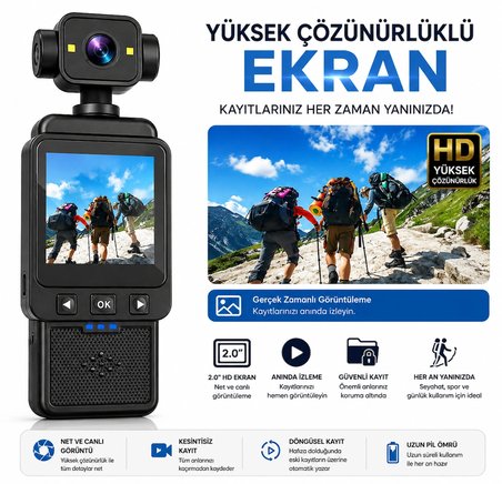 4K Mini Gimbal Kamera | 180° Dönebilen Lens | 1080P HD Kayıt | Titreşim Önleme | Taşınabilir Spor ve Vlog Kamerası