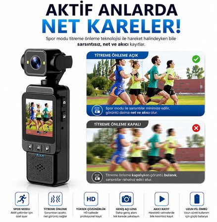4K Mini Gimbal Kamera | 180° Dönebilen Lens | 1080P HD Kayıt | Titreşim Önleme | Taşınabilir Spor ve Vlog Kamerası