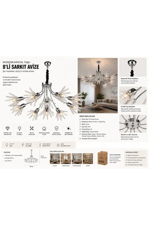 Modern Kristal Taşlı 8 Kollu Krom Avize Salon Oturma Odası Avizesi