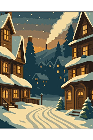 Sayılarla Boyama Seti 40x50 Cm (Çıtalı) Fırça Boya Dahil Numaralı Tuval Kar Bina Manzara