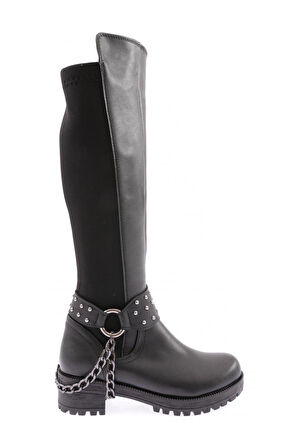 DGN 607 KADIN BİLEK TOKALI ZİNCİR DETAYLI ARKASI STRETCH KNEE HİGH FLATS ÇİZME