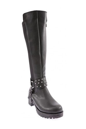 DGN 607 KADIN BİLEK TOKALI ZİNCİR DETAYLI ARKASI STRETCH KNEE HİGH FLATS ÇİZME