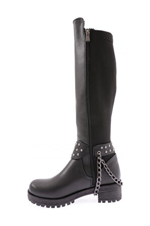 DGN 607 KADIN BİLEK TOKALI ZİNCİR DETAYLI ARKASI STRETCH KNEE HİGH FLATS ÇİZME