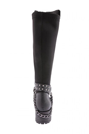 DGN 607 KADIN BİLEK TOKALI ZİNCİR DETAYLI ARKASI STRETCH KNEE HİGH FLATS ÇİZME