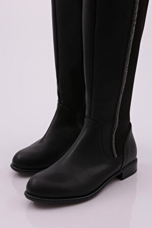 Dgn 508-22K Kadın Arkasi Stretch Yan Taşli Şerit  Knee High Flats Çizme