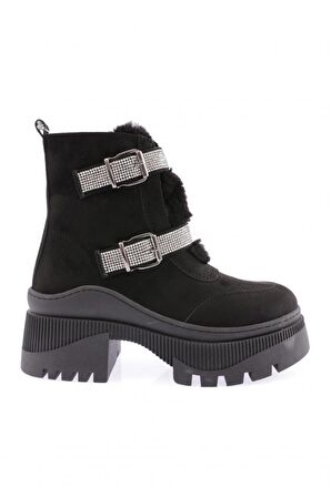 Dgn 22011 Kadın  Kürk Detayli Fermuarli Kalin Taban Siver Taşli Bot