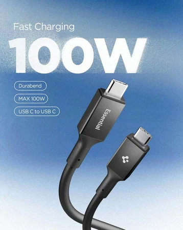 Spigen USB-C to USB-C 1 Metre Kablo 100W Güç/PPS 2.0 Desteği Super Hızlı Şarj / 5 Gbps (E-Marker Çip) Data Aktarım Hızı/PD USB 3.2 Type-C Ekstra Dayanıklı MFI Lisanslı Black