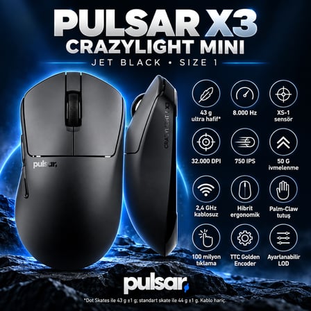 Pulsar X3 Crazylight Jet Black Size 1 Mini XS-1 Sensör Kablosuz Gaming Mouse (PX3RCL101)