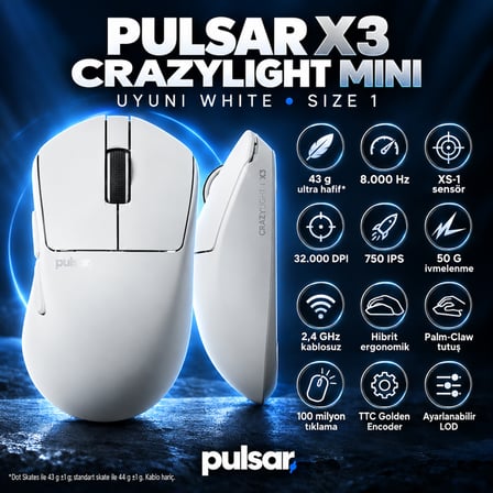 Pulsar X3 Crazylight Uyuni White Size 1 Mini XS-1 Sensör Kablosuz Gaming Mouse (PX3RCL102)