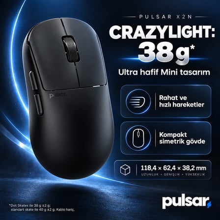 Pulsar X2N CrazyLight Mini Jet Black 8K Hz XS-1 Kablosuz Simetrik Gaming Mouse (PX2NCL101)