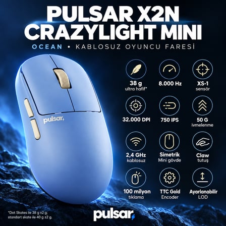 Pulsar X2N CrazyLight Mini Ocean 8K Hz XS-1 Kablosuz Simetrik Gaming Mouse (PX2NCL103)