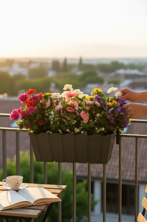 Yapay Çiçek Antrasit Balkon Saksıda Küpeşte Askılı Açelya Çiçeği Karışık Renkli Çiçek Sepeti 50cm