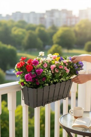 Yapay Çiçek Antrasit Balkon Saksıda Küpeşte Askılı Açelya Çiçeği Karışık Renkli Çiçek Sepeti 50cm