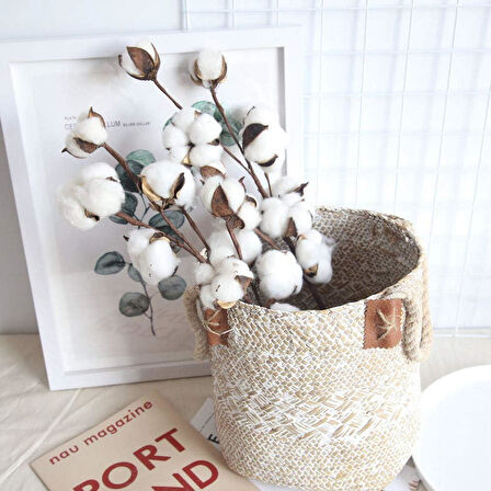 3lü Set Doğal Pamuk Çiçeği 9lu Kuru Çiçek 60cm Yapay Çiçek 