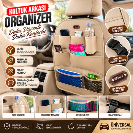 Premium Oto Koltuk Arkası Organizer Koruyucu ve Düzenleyici Suni Deri Su Geçirmez Çok Cepli Fonksiyonlu Araba Araç İçi Cep Çanta Üniversal Bej