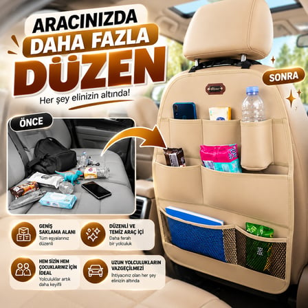 Premium Oto Koltuk Arkası Organizer Koruyucu ve Düzenleyici Suni Deri Su Geçirmez Çok Cepli Fonksiyonlu Araba Araç İçi Cep Çanta Üniversal Bej