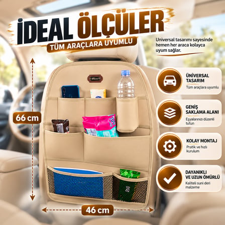 Premium Oto Koltuk Arkası Organizer Koruyucu ve Düzenleyici Suni Deri Su Geçirmez Çok Cepli Fonksiyonlu Araba Araç İçi Cep Çanta Üniversal Bej