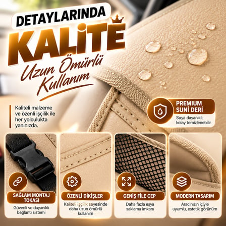 Premium Oto Koltuk Arkası Organizer Koruyucu ve Düzenleyici Suni Deri Su Geçirmez Çok Cepli Fonksiyonlu Araba Araç İçi Cep Çanta Üniversal Bej