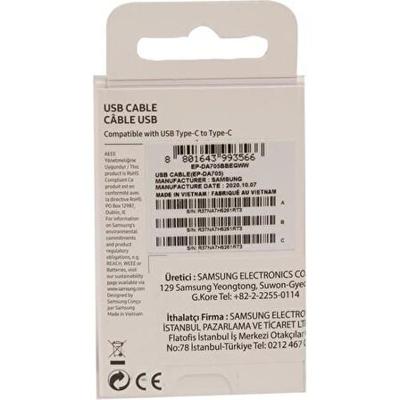 Samsung EP-DA705 Type-C To Type-C Data ve Şarj Kablo Beyaz Samsung Türkiye Garantili