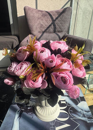 Yapay Çiçek Krem Antik Saksıda Pembe Erengül 23cm