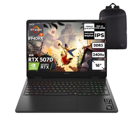 Hp Omen 16-Ap0032nt Ryzen 9-8940HX 64-GBDDR5 2 TBSSD RTX5070 (8GB) 16" 240Hz Windows 11 Pro + QB Sırt Çantası CA8E9EAQB18
