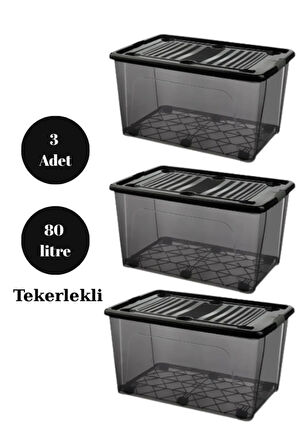 Depolama Saklama Kutusu Düzenleyici Tekerlekli Kilitli Saklama Kabı 3 Adet 80 Lt Antrasit