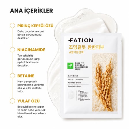 FATION Real Fit Rice Bran Brightening Mask - Aydınlatıcı Maske 23ml x 5 adet