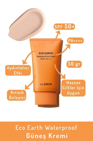 Eco Earth Waterproof Sun Cream SPF 50+ PA++++ / Suya Dayanıklı Güneş Kremi 50gr