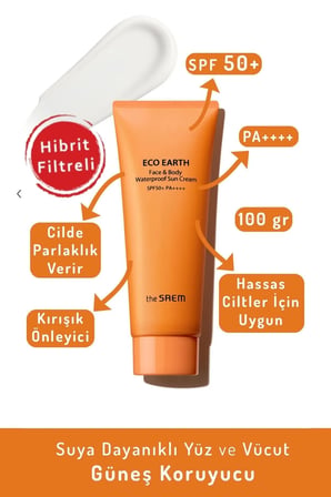Eco Earth Face & Body Waterproof SPF 50+ PA++++ / Suya Dayanıklı Yüz & Vücut Güneş Kremi 100gr