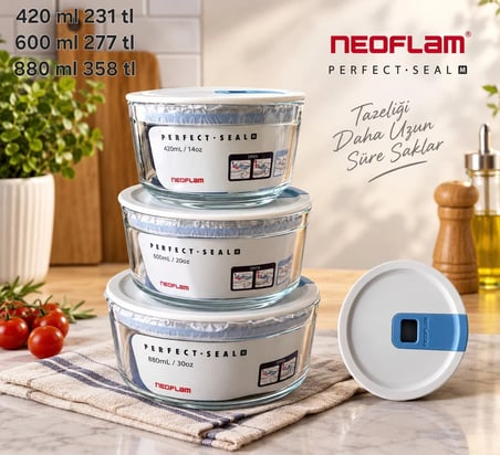 Perfect Seal Yuvarlak Cam Saklama Kabı 880 Ml.