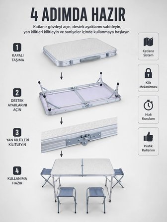 Valiz Tipi Katlanabilir Piknik Masası 4 Tabureli Taşınabilir Kamp Masası