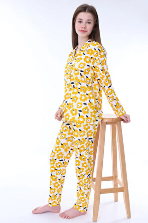 Ekru-Lila Çiçek Baskılı Biyeli Düğmeli %100 Pamuk Kız Çocuk Pijama Takımı