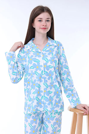 Ekru-Lila Çiçek Baskılı Biyeli Düğmeli %100 Pamuk Kız Çocuk Pijama Takımı