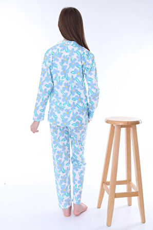 Ekru-Lila Çiçek Baskılı Biyeli Düğmeli %100 Pamuk Kız Çocuk Pijama Takımı