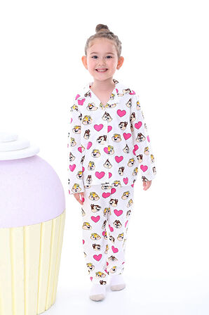 Ekru-Lila Çiçek Baskılı Biyeli Düğmeli %100 Pamuk Kız Çocuk Pijama Takımı