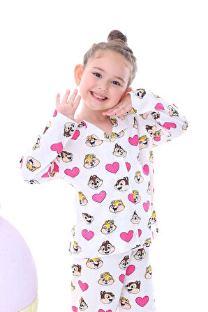 Ekru-Lila Çiçek Baskılı Biyeli Düğmeli %100 Pamuk Kız Çocuk Pijama Takımı