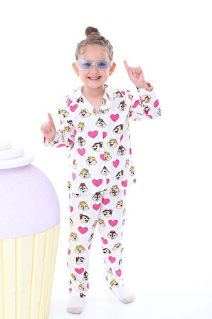 Ekru-Lila Çiçek Baskılı Biyeli Düğmeli %100 Pamuk Kız Çocuk Pijama Takımı