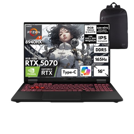 Asus TUF Gaming A16 Ryzen 9-8940HX 64-GBDDR5 2 TBSSD RTX5070 (8GB-115W-GDDR7) 16" WQXGA 165Hz Freedos + HMF Sırt Çantası FA608PP-QT031HMF6