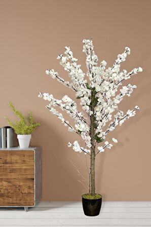 Yapay Ağaç Bahardalı Ağacı Beyaz Japon Kiraz Çiçeği Sakura Çiçeği 127x70cm Siyah Plastik Saksılı
