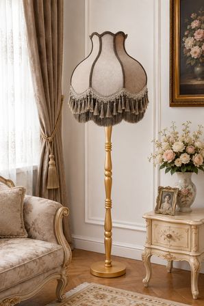 Vizon Kadife Başlık Gold Ahşap Ayaklı Lambader Vintage Model 170x50cm