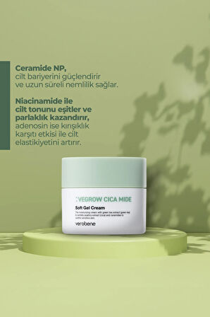 Vegrow Cica Mide Soft Gel Cream Nemlendirici Yatıştırıcı Vegan Yeşil Çay Özlü Jel Krem Kore 50ml