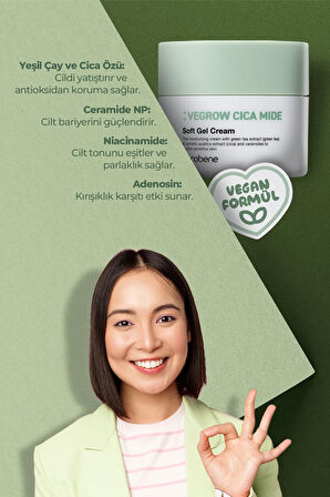 Vegrow Cica Mide Soft Gel Cream Nemlendirici Yatıştırıcı Vegan Yeşil Çay Özlü Jel Krem Kore 50ml